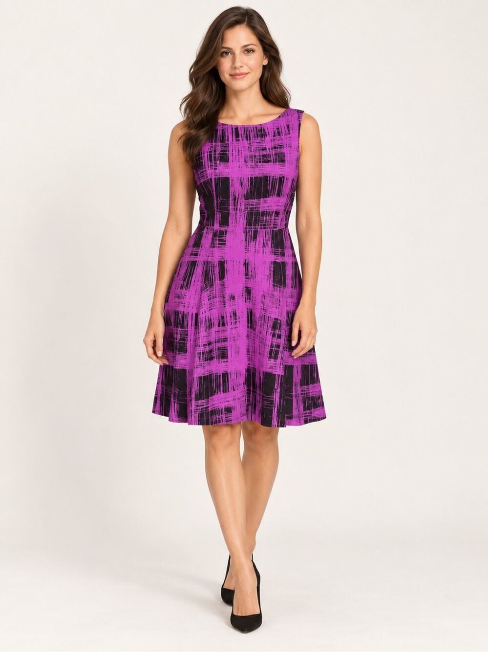 LK Bennett 100% Silk Purple Black Abstract Print Fit Flare Dress Size 8
